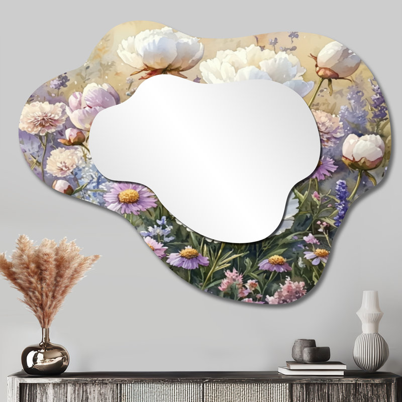 Pivoines dans le champ de fleurs sauvages I - miroir asymétrique irrégulier pivoines, miroir mural traditionnel, imprimé sur métal