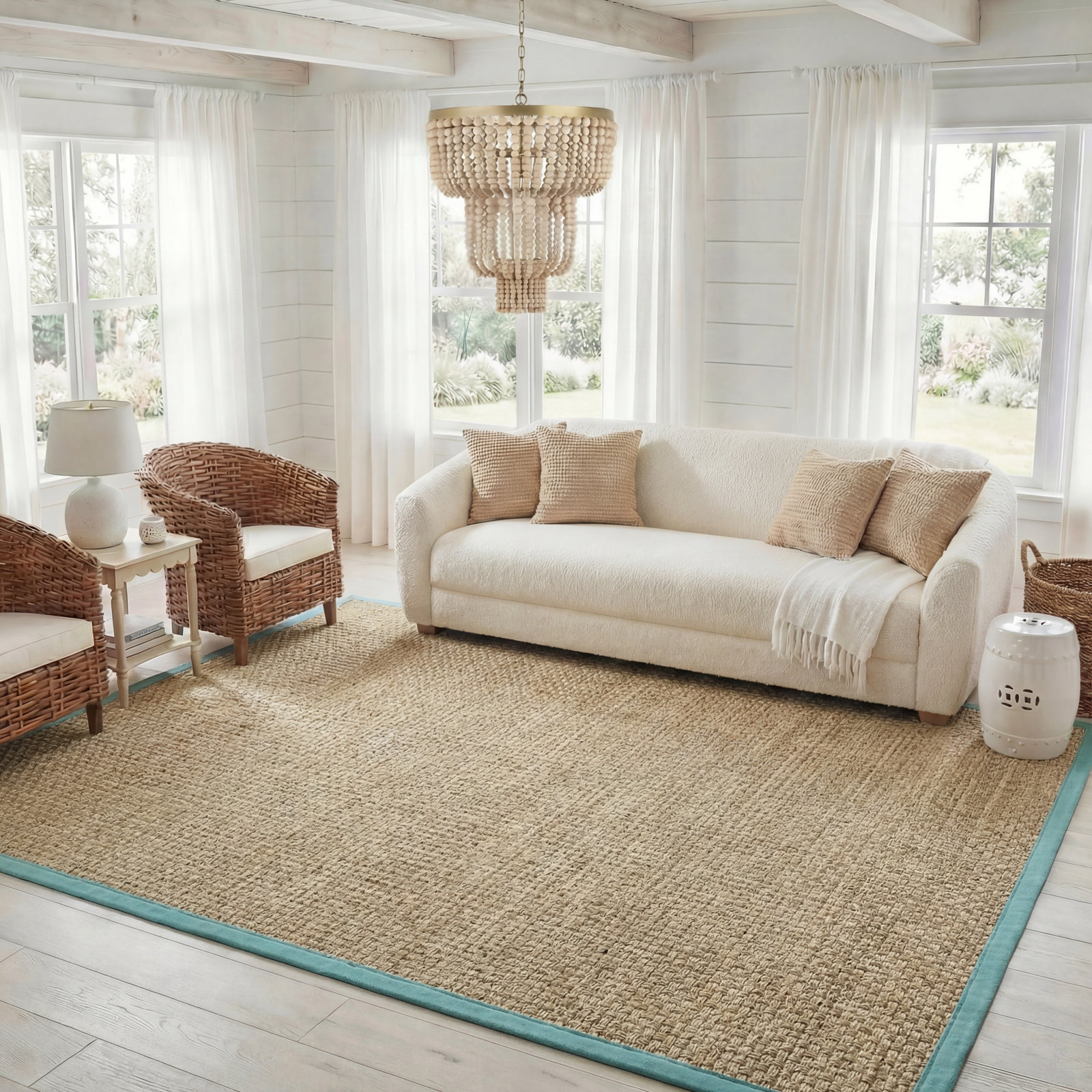 Natural Teal Bamboo Seagrass Rug, Rectangle 8' x 10'