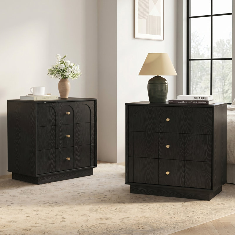 Ensemble de 2 tables de chevet à 3 tiroirs avec station de charge, table de bout moderne Mid-Century arquée, table de chevet pour chambre à coucher, bureau
