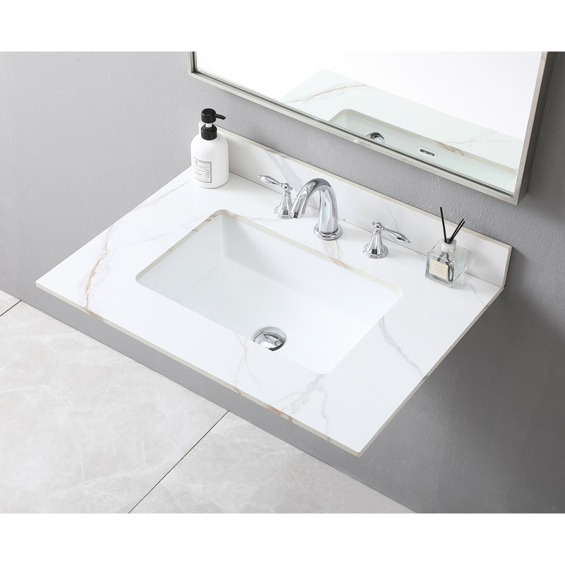 Comptoir de meuble-lavabo 31 po avec pierre dorée, lavabo encastré en céramique, dosseret, pour meuble-lavabo de 30 po de luxe, comptoir fritté de 31 po