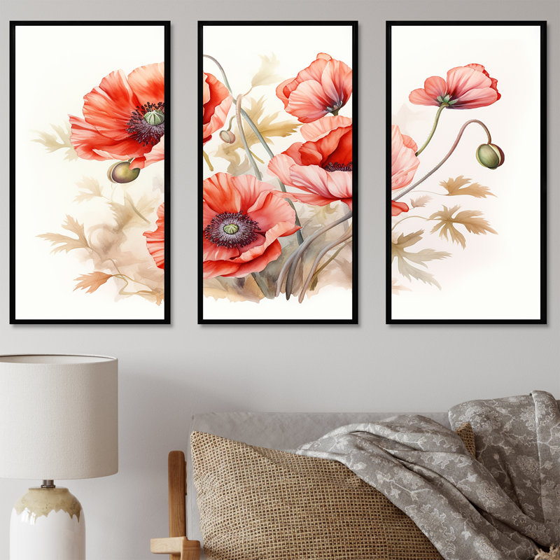 «Poppies Charm In Winter Delight I» - ensemble d'art mural coquelicots, Cadre flottant noir, H 32 po x l 48 po x P 1 po