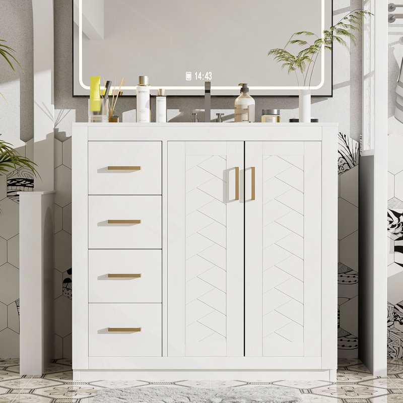 Ensemble de meuble-lavabo 36 po avec lavabo en céramique, armoire de rangement en bois massif, ensemble de meuble-lavabo autoportant avec 3 tiroirs et portes à fermeture douce