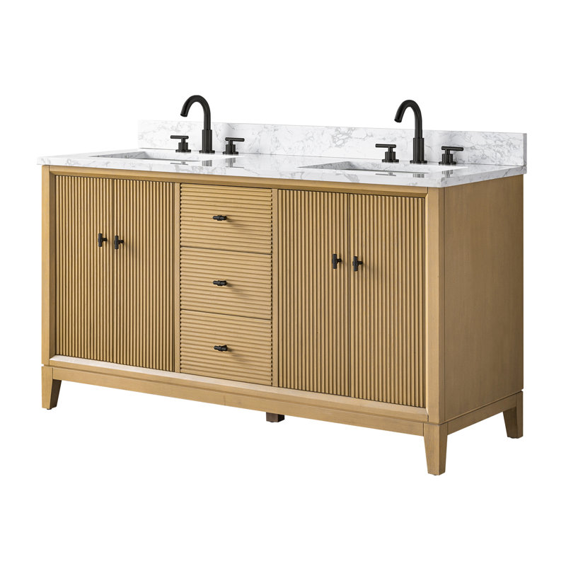Meuble-lavabo autoportant à double cuve 60 po avec plateau en marbre Caldwell, Blanc Arabescato, Chêne naturel, Noir mat