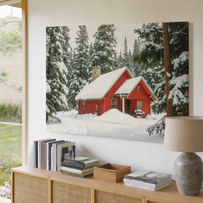 Red Cabin In Snowy Pines
