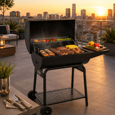 28'' Barrel Charcoal Grill, Warming Rack and Side Shelf