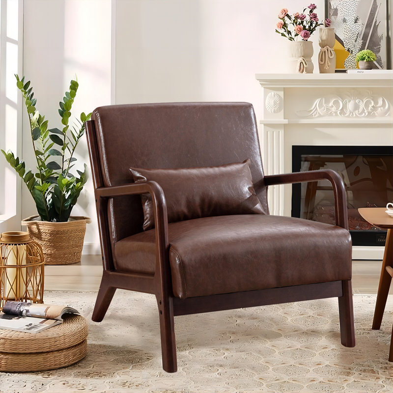 Fauteuil d'appoint de 25,78 po de largeur Mid-Century en similicuir avec coussin supplémentaire, Sépia