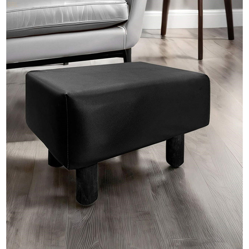 Contemporary Footstool Set Of 2Pc, Black Upholstery And Wooden Legs