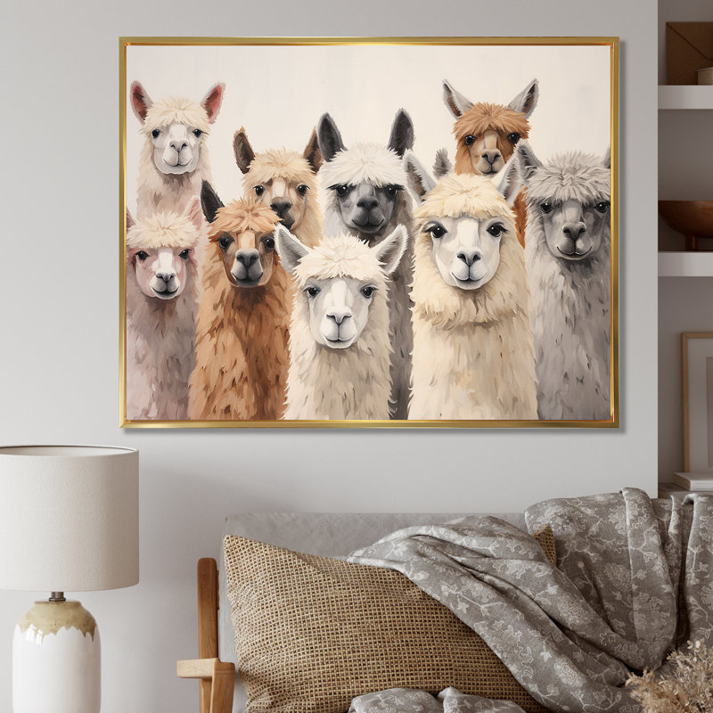 Minigalisme beige et gris, Curious Alpacas Collage I, Black Picture Framed, H 16 po x l 32 po