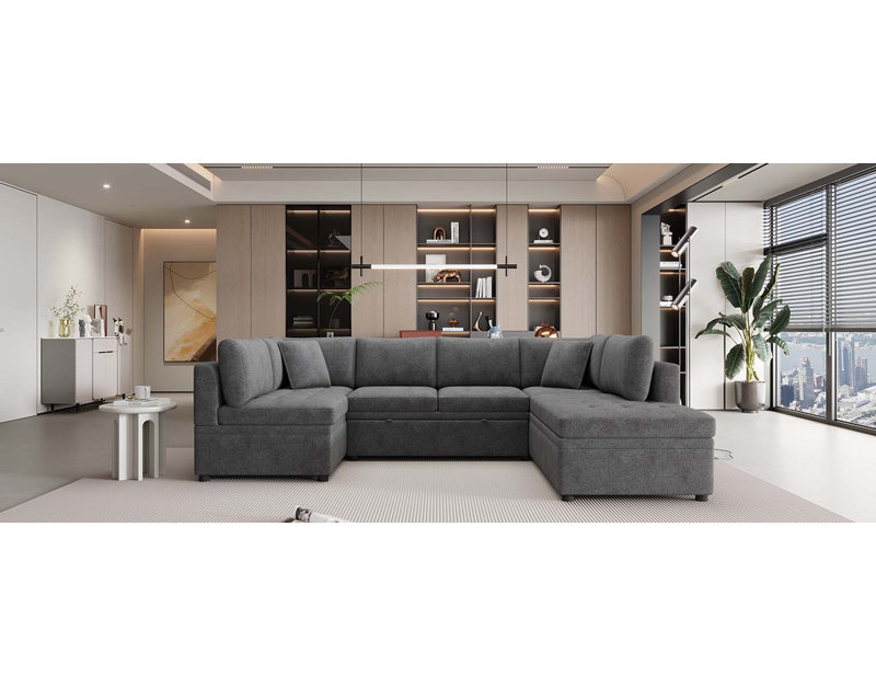 Canapé-lit modulaire surdimensionné en U de 117,3 po avec deux coussins décoratifs pour le salon, gris