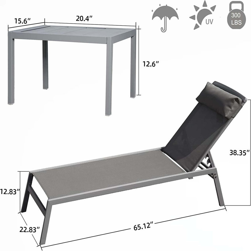 Gray Aluminum 2-Person Patio Chaise Lounge Set with Table