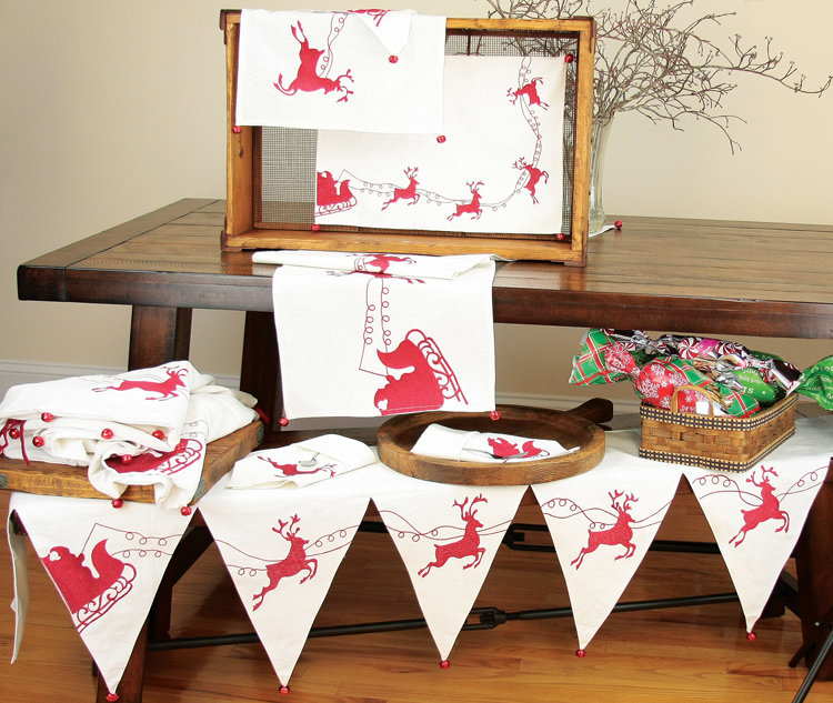 Sleigh with Bells and Reindeer Crewel Embroidery Table Runner, 54" L x 16" W