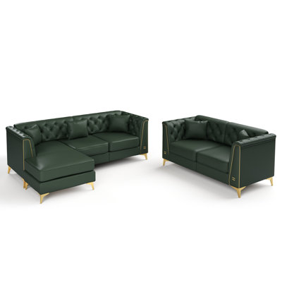 Nailhead Trim Light Luxury Modular Chesterfield Sofa, Faux Leather Couch with Handmade Button Tufted, Metal Trim Armrests & Thin Metal Legs, Includes 5 Pillows