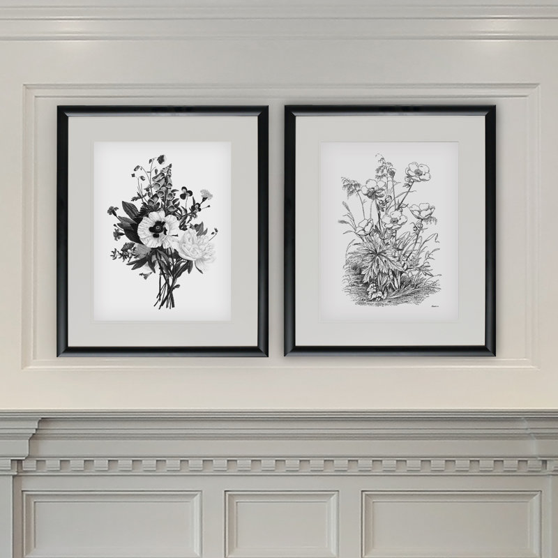«Botanical Black and White II», ensemble de 2 reproductions de dessins encadrés, Cadre noir