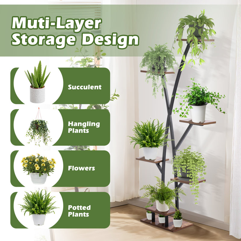 60" Black and Oak 7-Tier Indoor Plant Stand with Grow Lights