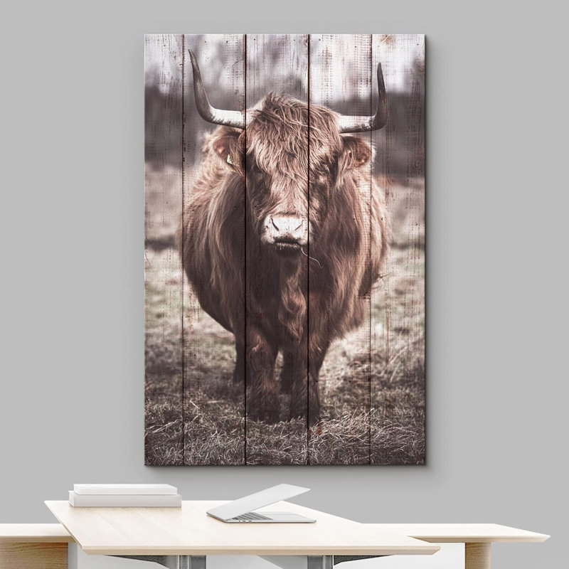 Vache, panneau de bois effet montagne, bison, buffles, animaux, art numérique, ferme rustique, faune, Toile tendue