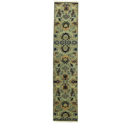 Shauskee Oriental Green Hand-Knotted Runner 2'6" x 12" Wool Runner Rug