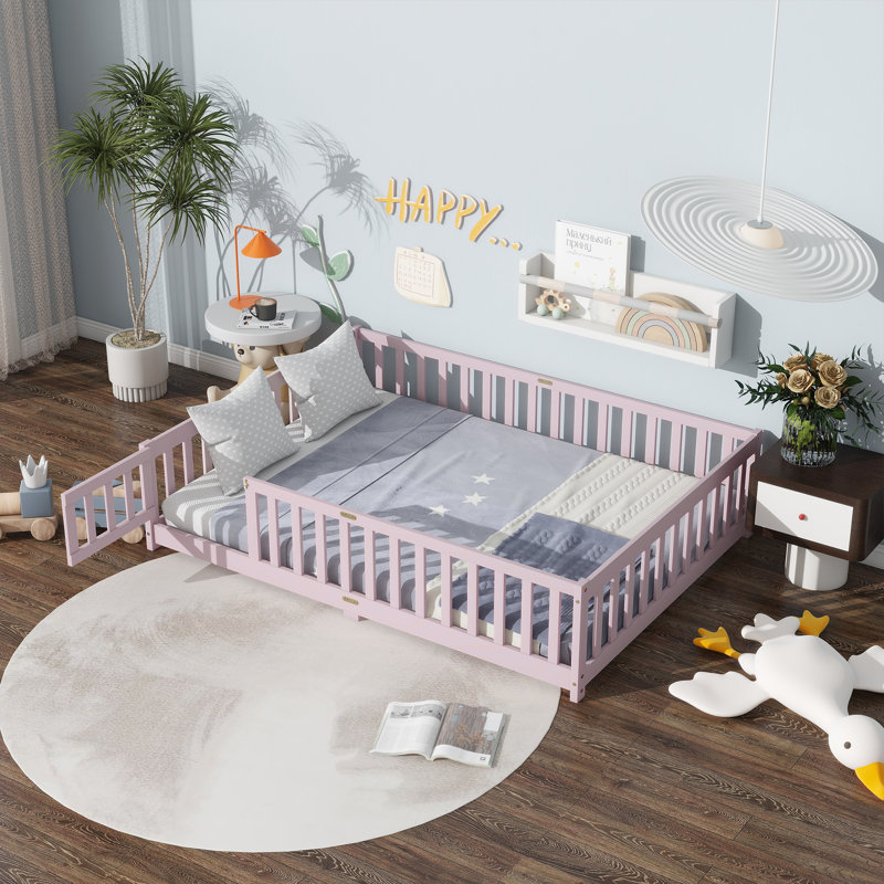 Full Kids Floor Bed Pink Rubber Wood Guardrail Door, Full, Pink