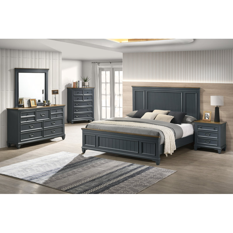 Ensemble de chambre à coucher en bois Semaj avec panneau Shiplap, Bleu, Cinq pièces : lit, commode, miroir, table de chev