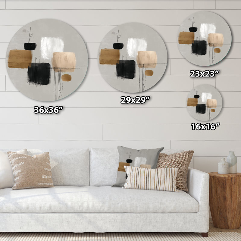 Formes noires avec mélange abstrait de minimalisme gris - art mural moderne en métal rond, L 23 po x H 23 po