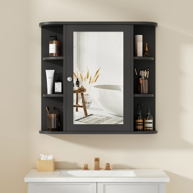 Armoire de salle de bain avec miroir et amplement de tablettes de rangement, Noir