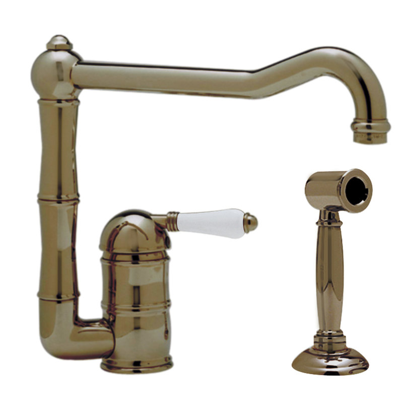 Acqui® Single Handle Kitchen Faucet, Tuscan Brass, With Side Spray, Porcelain Lever Handle