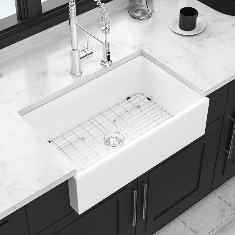 Évier en céramique blanc 33 po - tablier simple encastré à l'avant, à décoloration, évier de cuisine spacieux, résistant à la chaleur et aux égratignures 33 po x 18 po x 10 po, spacieux