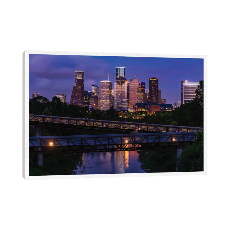 Elevated Walkway Over Buffalo Bayou At Night With Downtown Skyline In Background, Houston, Texas, USA 1 Piece Floater Frame Wall Art on Canvas