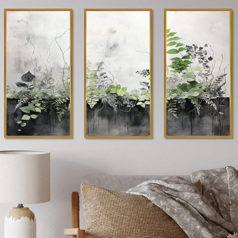 «Green Minimalisme Botanical Serenity - Plants», ensemble d'art sur toile, Cadre flottant doré, H 32 po x l 48 po x P 1 po