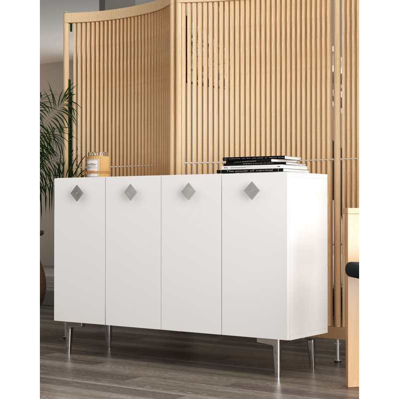 Console moderne blanche avec tablettes, panneau de particules enduit 100% mélamine, épaisseur: 0,7 pouce | Accents argentés muraux élégants pour une décoration contemporaine