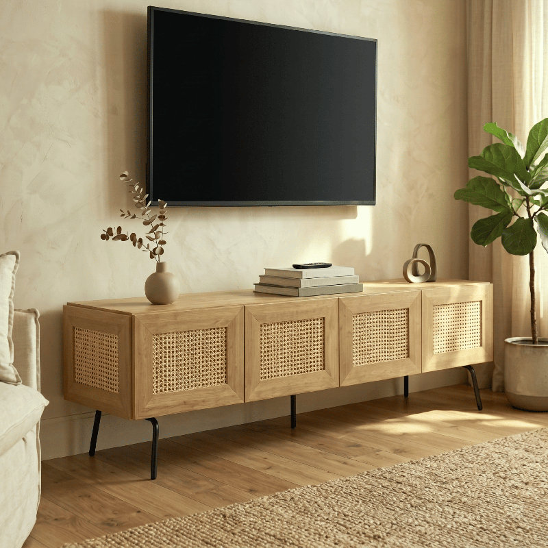  Mossic TV Media Cabinet with 3, 4 Doors for TVs, Entertainment Center with Natural Rattan, Metal Legs, Modern Storage Console for Living Room and Bedroom, Effortless Assembly