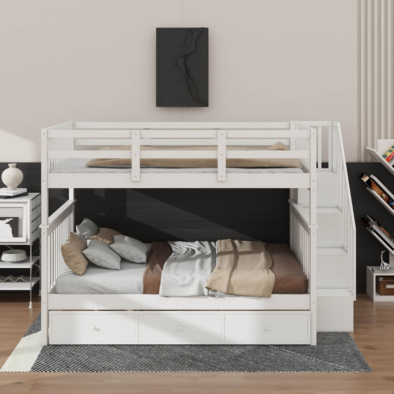 Bunk Bed With Drawers, Storage Stairway And Guard Rail, Convertible To 2 Separated Beds, Blanc