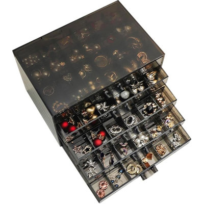 Earring Storage Box Organizer, Acrylic Jewelry Storage Box Holder 5 Drawers Transparent Jewelry Display Stand with 120 Small Compartments Gift Boxes for Women Girls (Clear Black)