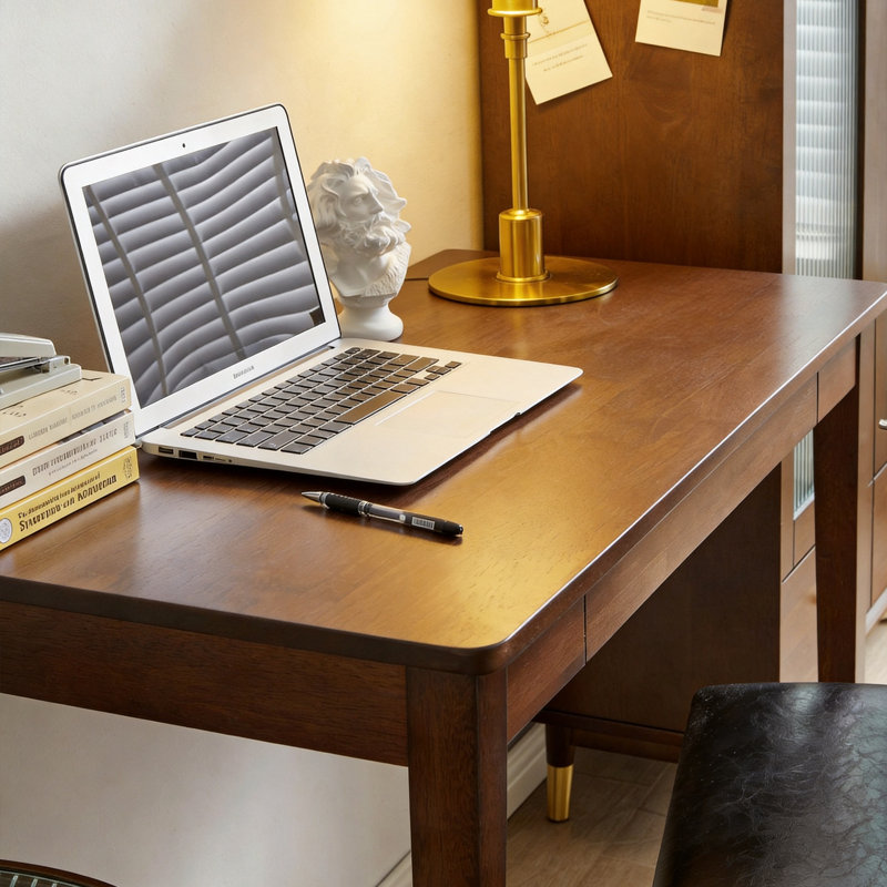 Bureau compact avec tiroir de rangement - Table d'écriture en bois d'hévéa massif pour petits espaces