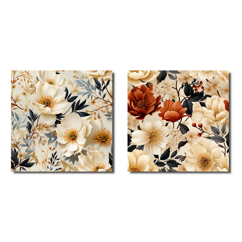 Kelia - Ensemble de 2 carrés décoratifs floraux en métal, H 16 po x l 32 po
