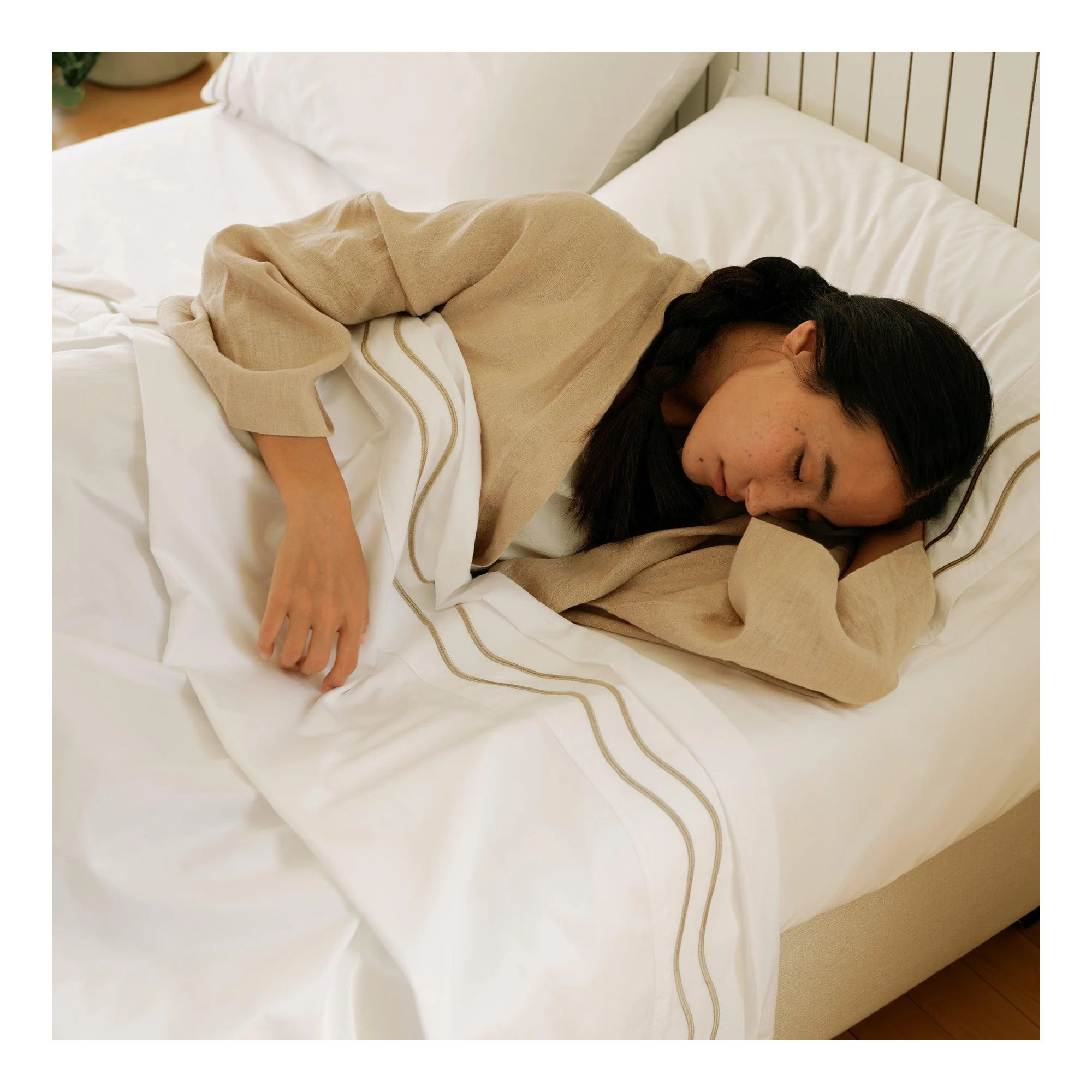 Double Stitch 100% Supima Cotton Sateen Weave Embroidery Sheets Set, California King Sheet Set, Sandstone White