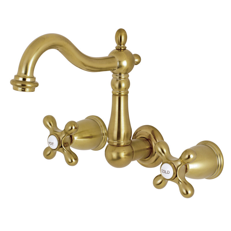 Kingston Brass Heritage Two-Handle 3-Hole Wall Mount Bathroom Faucet, Satin Brass