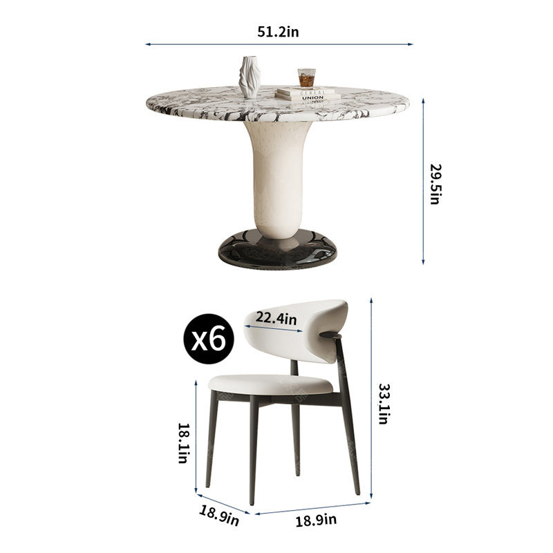 Ensemble de table de salle à manger Modern, H 29,5 po x L 51,2 po x l 51,2 po, 7 pièces : table, 6 chaises