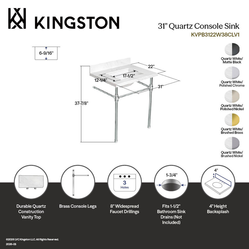 Kingston Brass Mayorca 31-Inch Quartz Console Sink with Brass Legs (8-Inch, 3-Hole), Quartz White/Matte Black