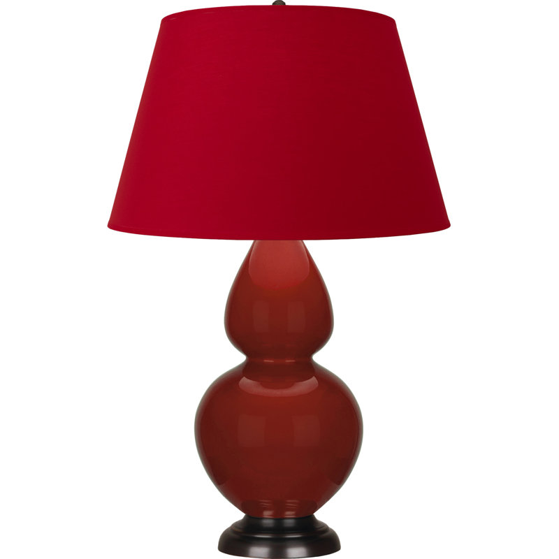 Lampe de table double gourde en céramique, Sang de bœuf glacé / argent antique, Rose rouge / noir encre, Bronze