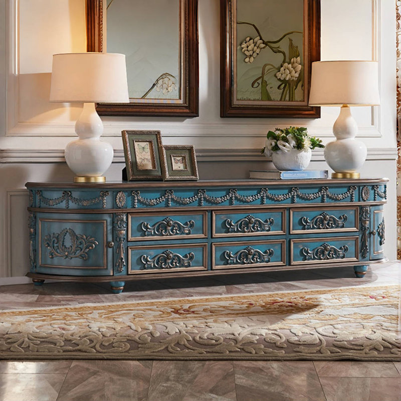 Meuble télé en bois massif American Style, Bleu, H 20,87 po x l 78,74 po x P 15,75 po