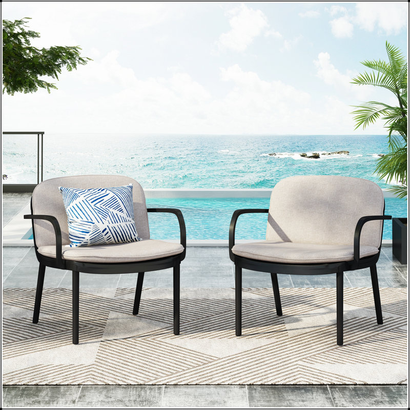 Luna Outdoor PP Club Chair, Set Of 2, Weather-Resistant And Comfortable For Year-Round Use, Beige Cushion/Black Frame