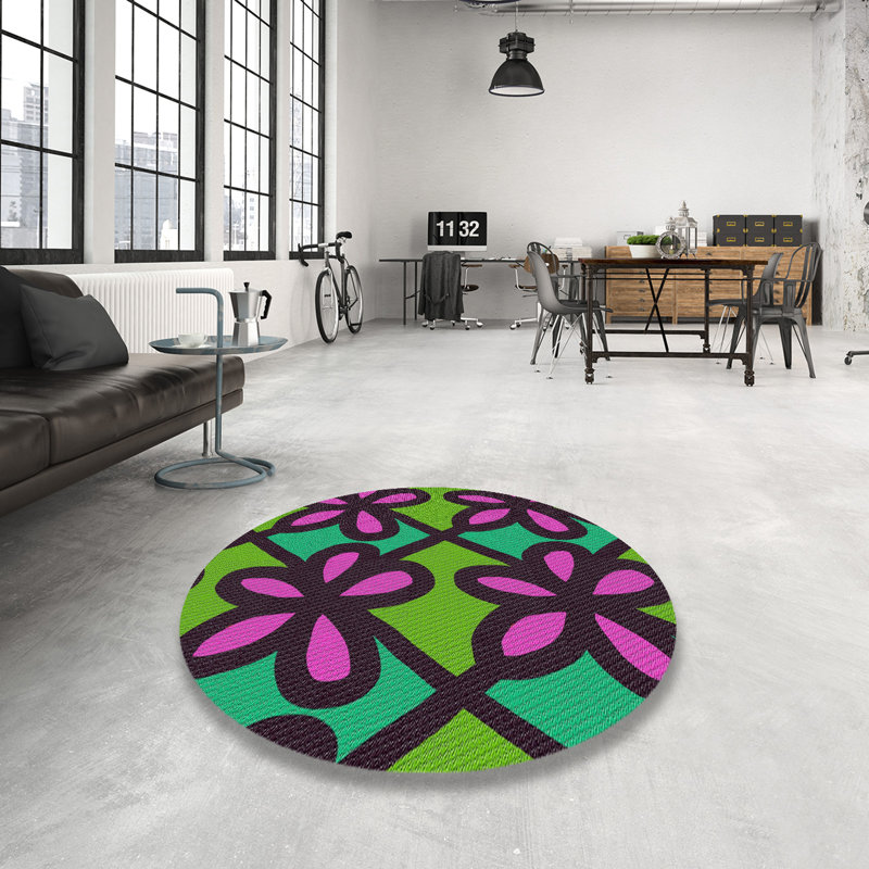 Tapis vert/rose/bleu à motif, Rond 4 pi