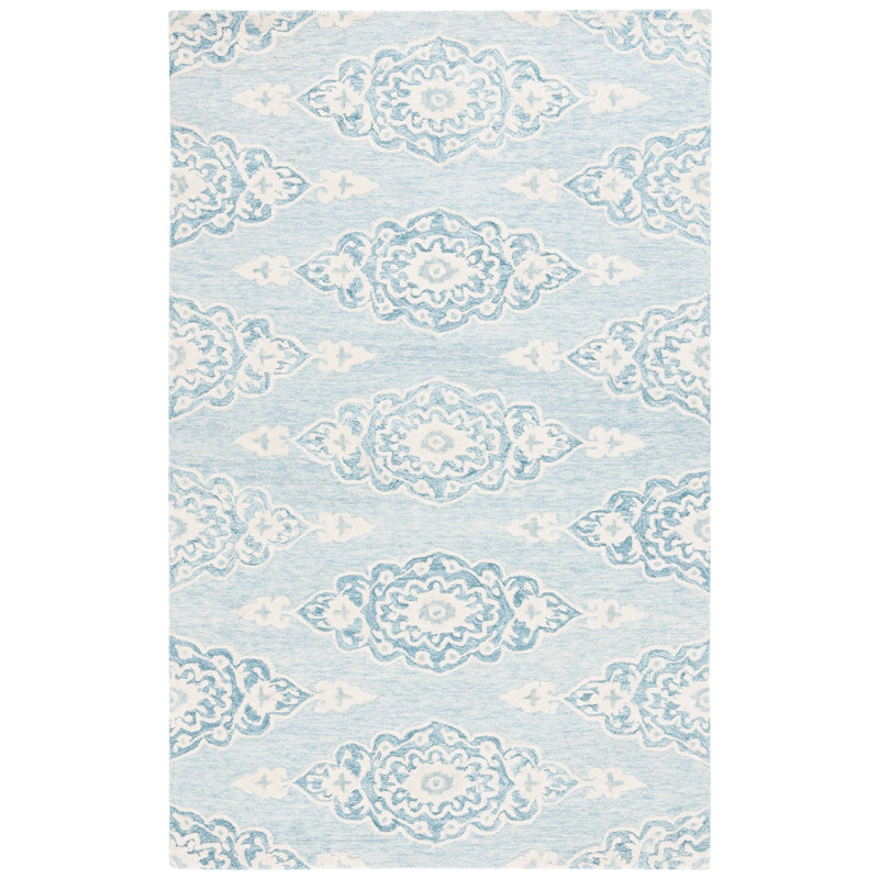 Ebony Hand Tufted Wool/Cotton Southwestern Rug in Ivory/Light Blue, Square 6'