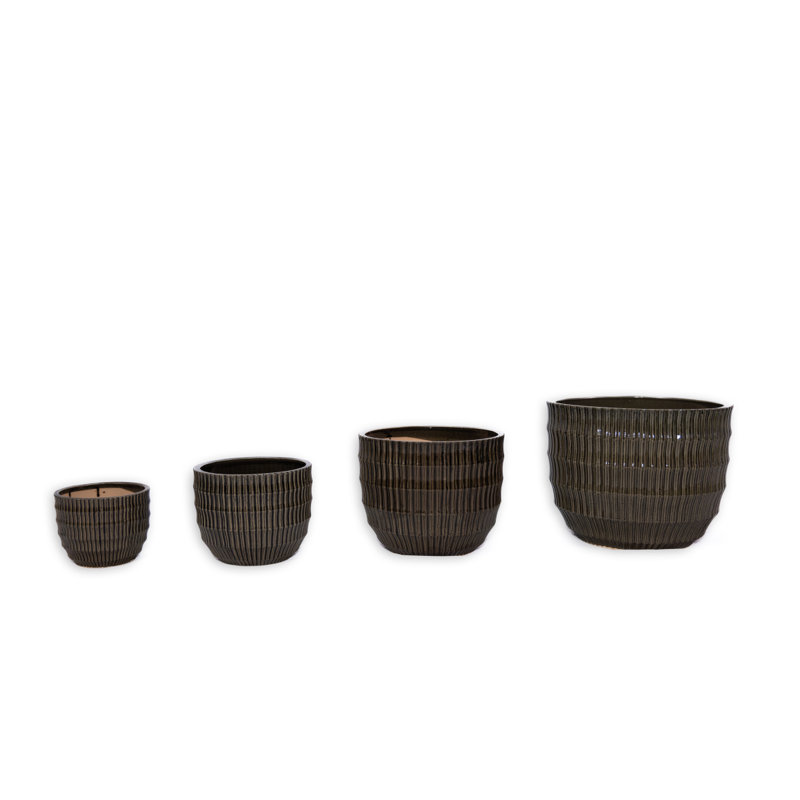 Ensemble de 4 pots de fleurs cannelés en céramique, jardinière moderne pour patio, jardin, rebord de fenêtre - café foncé