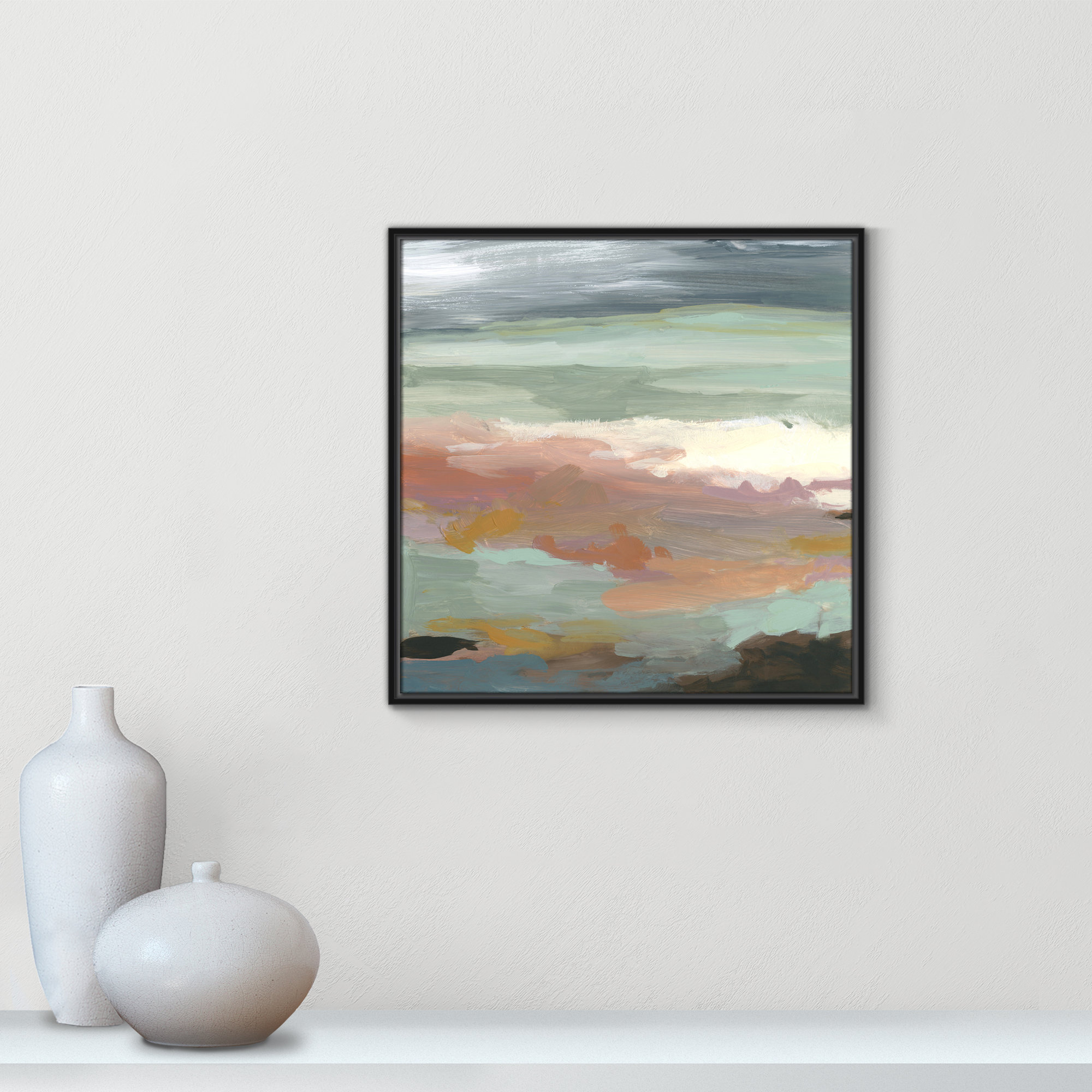 Ocean Bluffs by Carol Robinson - Painting Print on Paper, Picture Framed Canvas, 25.5" H x 25.5" W, Black