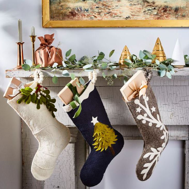 Hand Felted Wool Christmas Stocking - Mistletoe on Cream