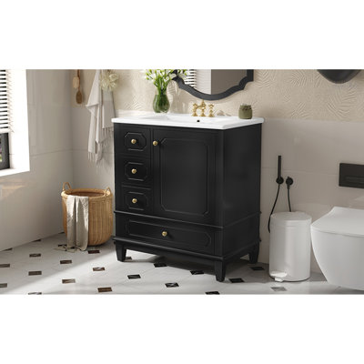 Meuble-lavabo autoportant de 30 po avec lavabo en céramique, cadre en bois massif, porte à fermeture en douceur, 3 tiroirs, panneau de fibres à densité moyenne peint et bois d'hévéa, tablettes de rangement incluses
