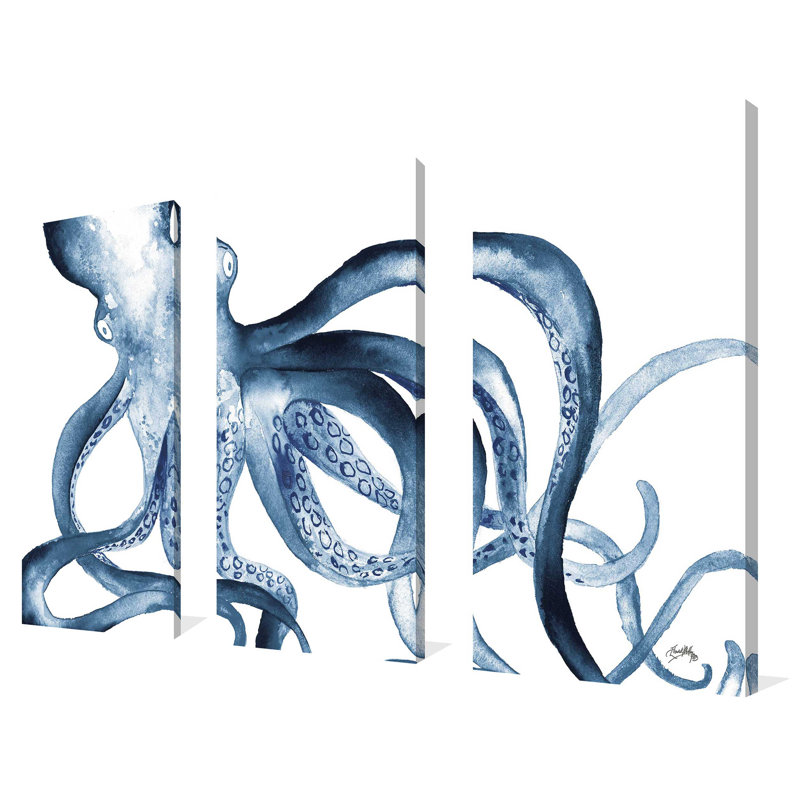 Octopus In The Blues - 3 Piece Wrapped Canvas Painting, 48" H x 36" W x 0.75" D