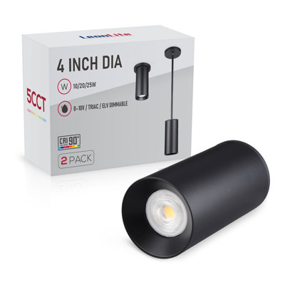 4 Inch 10w/20w/25w Selectable 5cct Zoomable Led Cylinder Pendant Light, 30°-60° Beam Angle, Black