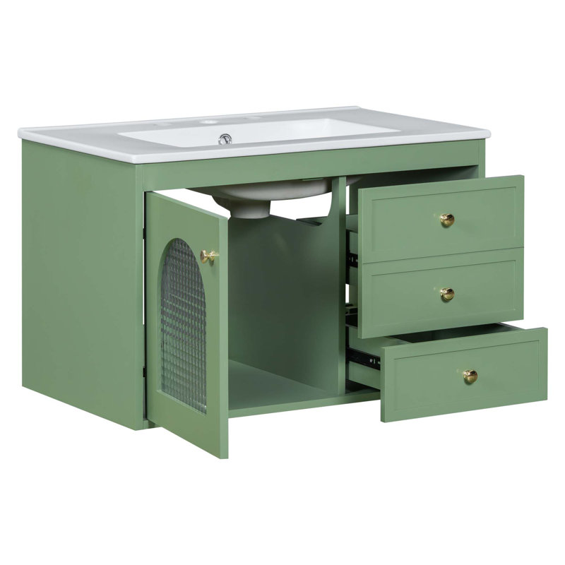 Élégant meuble-lavabo flottant avec lavabo, 1 porte et 2 tiroirs